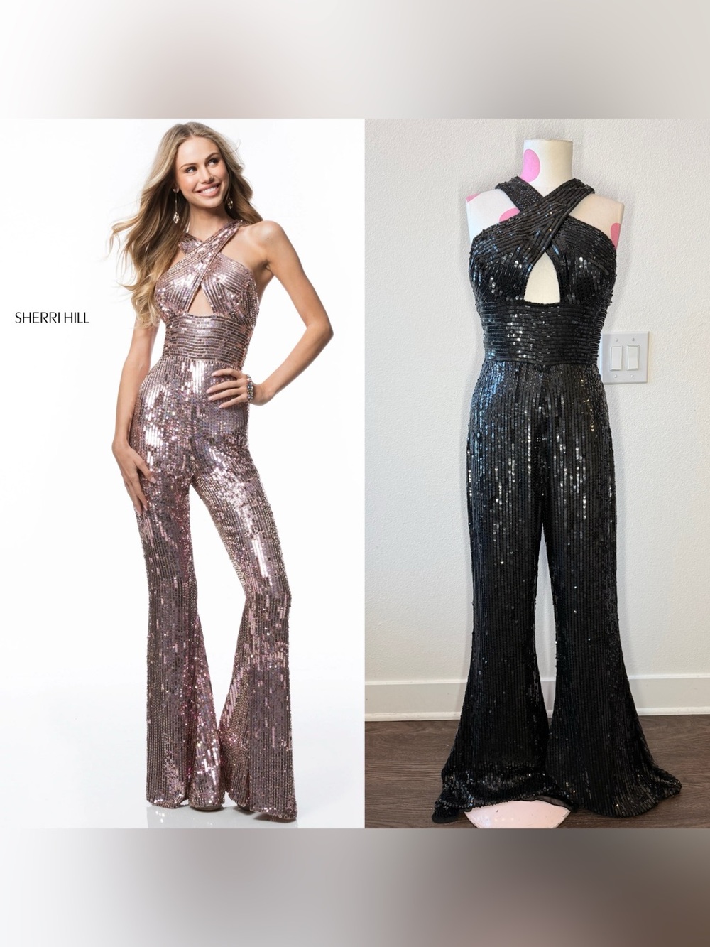 Sherri Hill 52082 Black Sequin Jumpsuit Front Cross Bodice Flare Pants Size 0